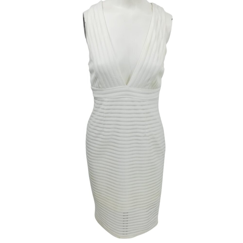 Lulus White Sleeveless V-Neck Knee Length Ribbed Sheer Dress Size L Bodycon